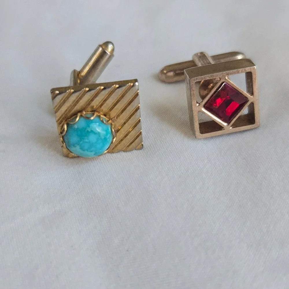 VTG Mismatched Cufflinks Gold Turquoise Red Mens OS Unique Formal Wear Unbranded